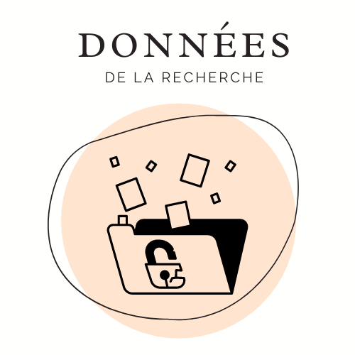 Données de la recherche, un cercle écru, avec un dossier ouvert et plein de trucs qui tombent dedans.