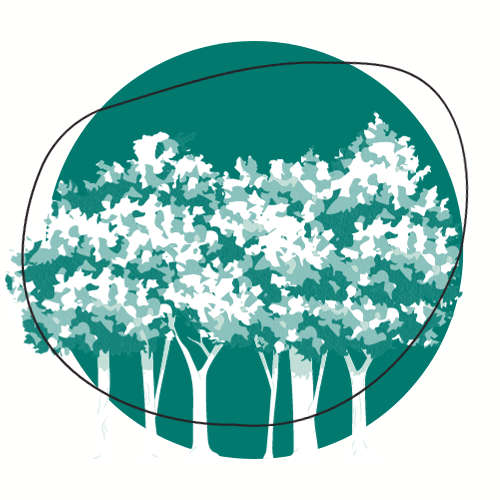 Un rond vert, un cercle tracé en noir par dessus (mais pas droit) et des arbres en blanc dans le fond. 